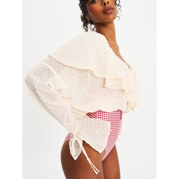 Magali Beige Dotted Mesh Ruffle Top - Picture 6 of 12